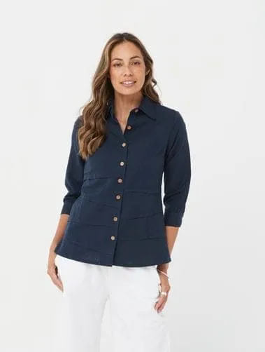 Woman Long Sleeves Linen and Cotton Shirt Winter Top Yasmine Top - Navy/Linen & Cotton