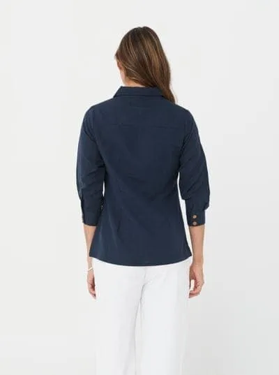 Woman Long Sleeves Linen and Cotton Shirt Winter Top Yasmine Top - Navy/Linen & Cotton