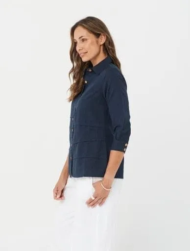 Woman Long Sleeves Linen and Cotton Shirt Winter Top Yasmine Top - Navy/Linen & Cotton