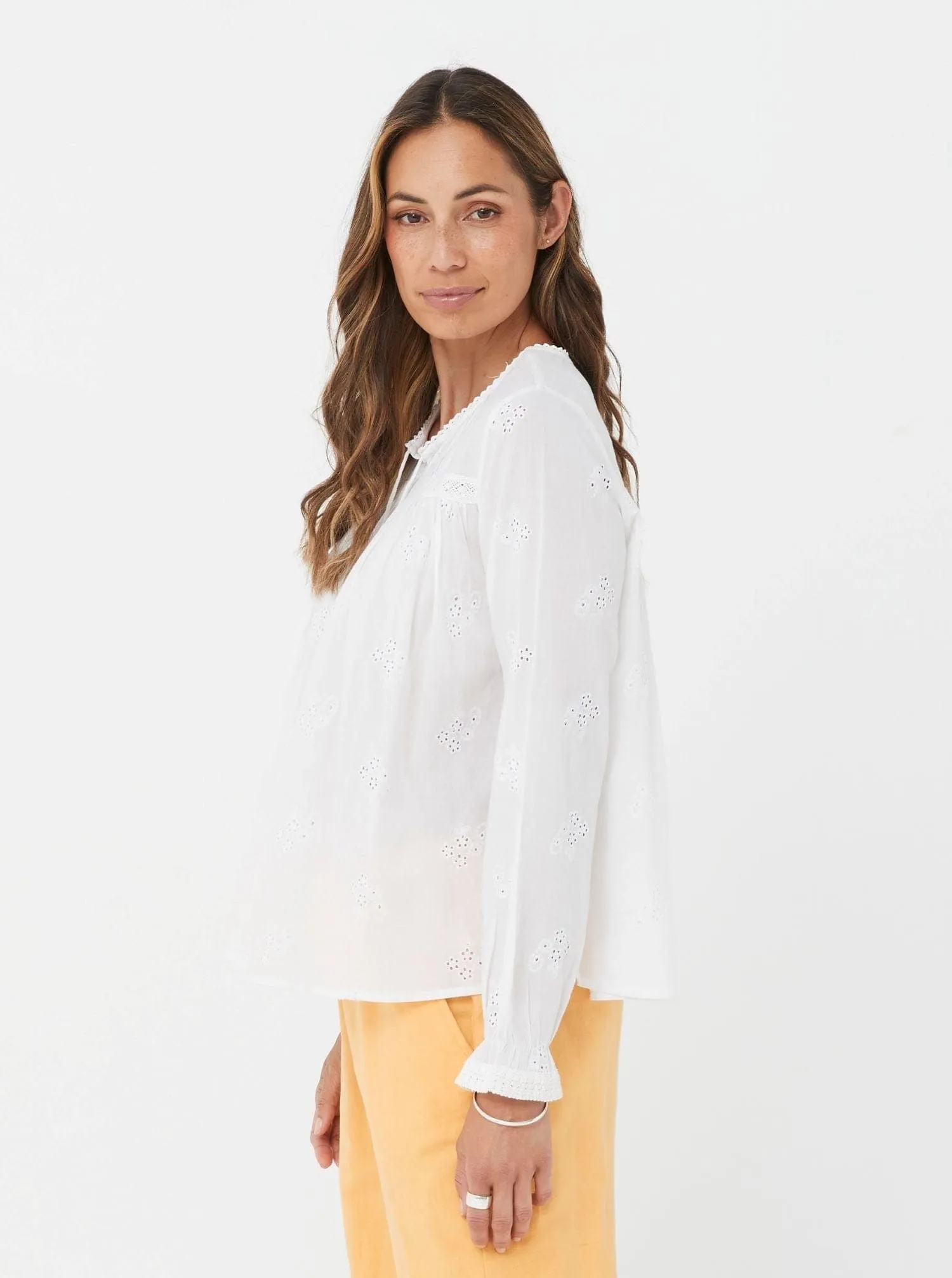 Woman Long Sleeves Winter White Embroidery Top Felicity Top - White/Cotton