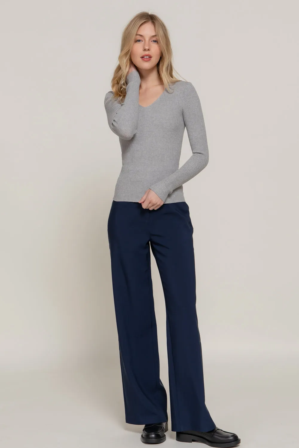 Women's Long Sleeve V-Neck Fitted Viscose Ribbed Sweater