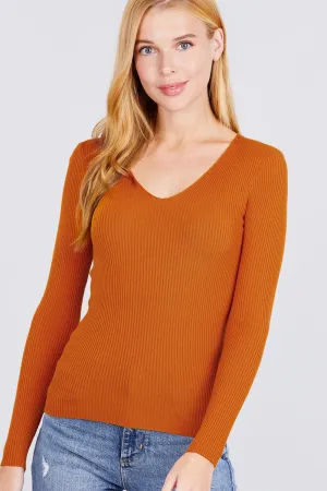 Women's Long Sleeve V-Neck Fitted Viscose Ribbed Sweater