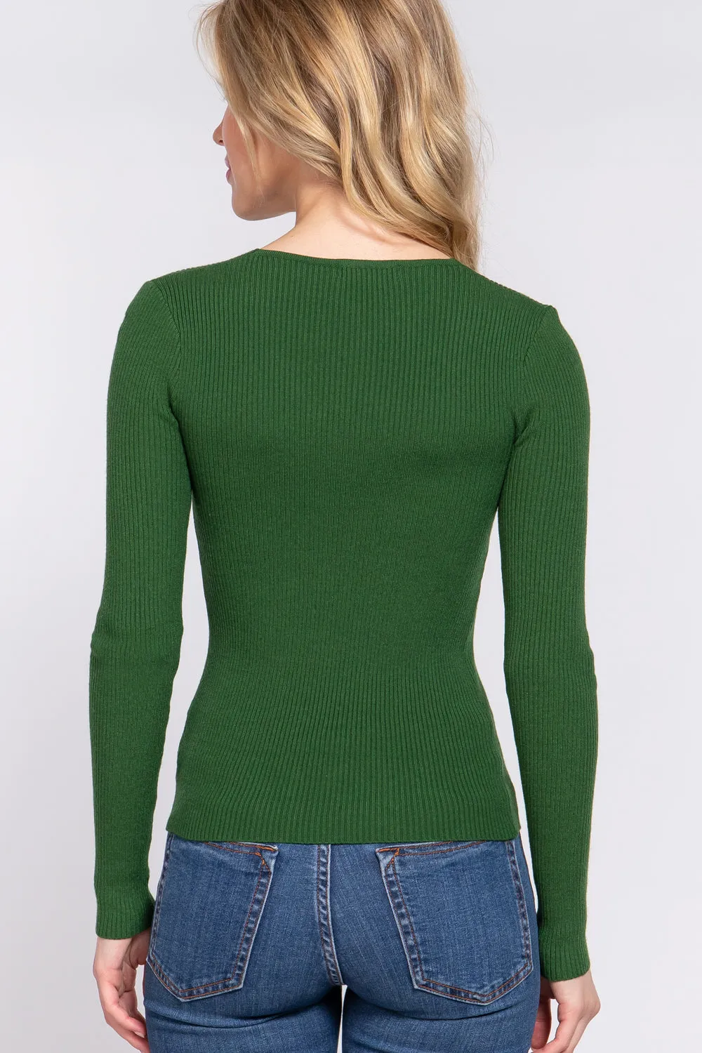 Women's Long Sleeve V-Neck Fitted Viscose Ribbed Sweater
