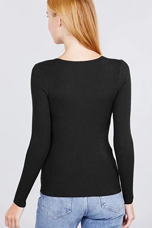 Women's Long Sleeve V-Neck Fitted Viscose Ribbed Sweater