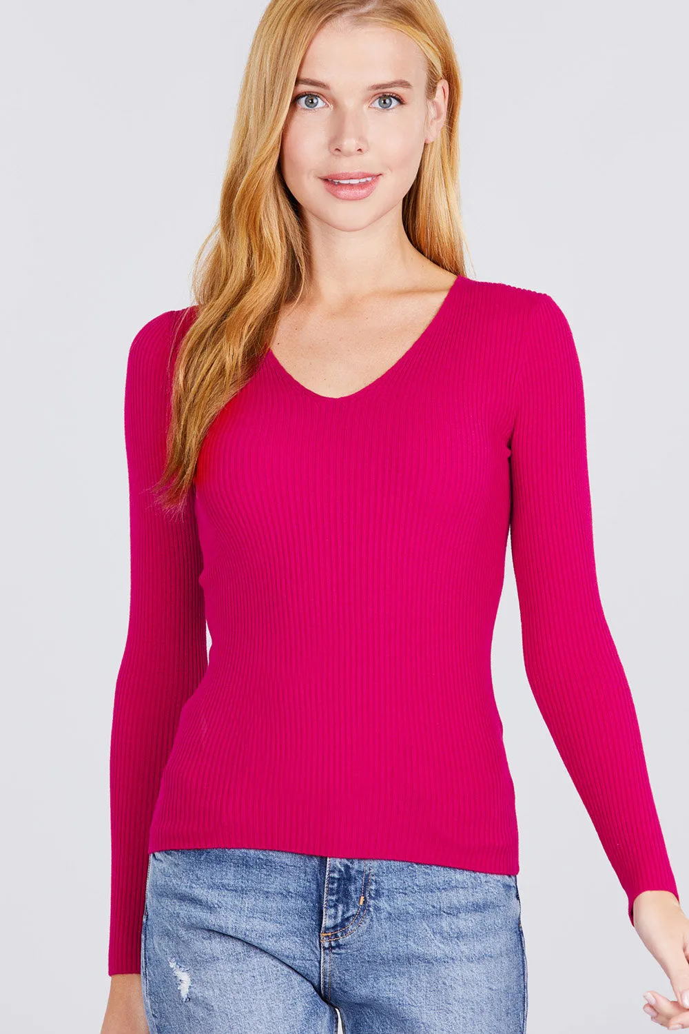 Women's Long Sleeve V-Neck Fitted Viscose Ribbed Sweater