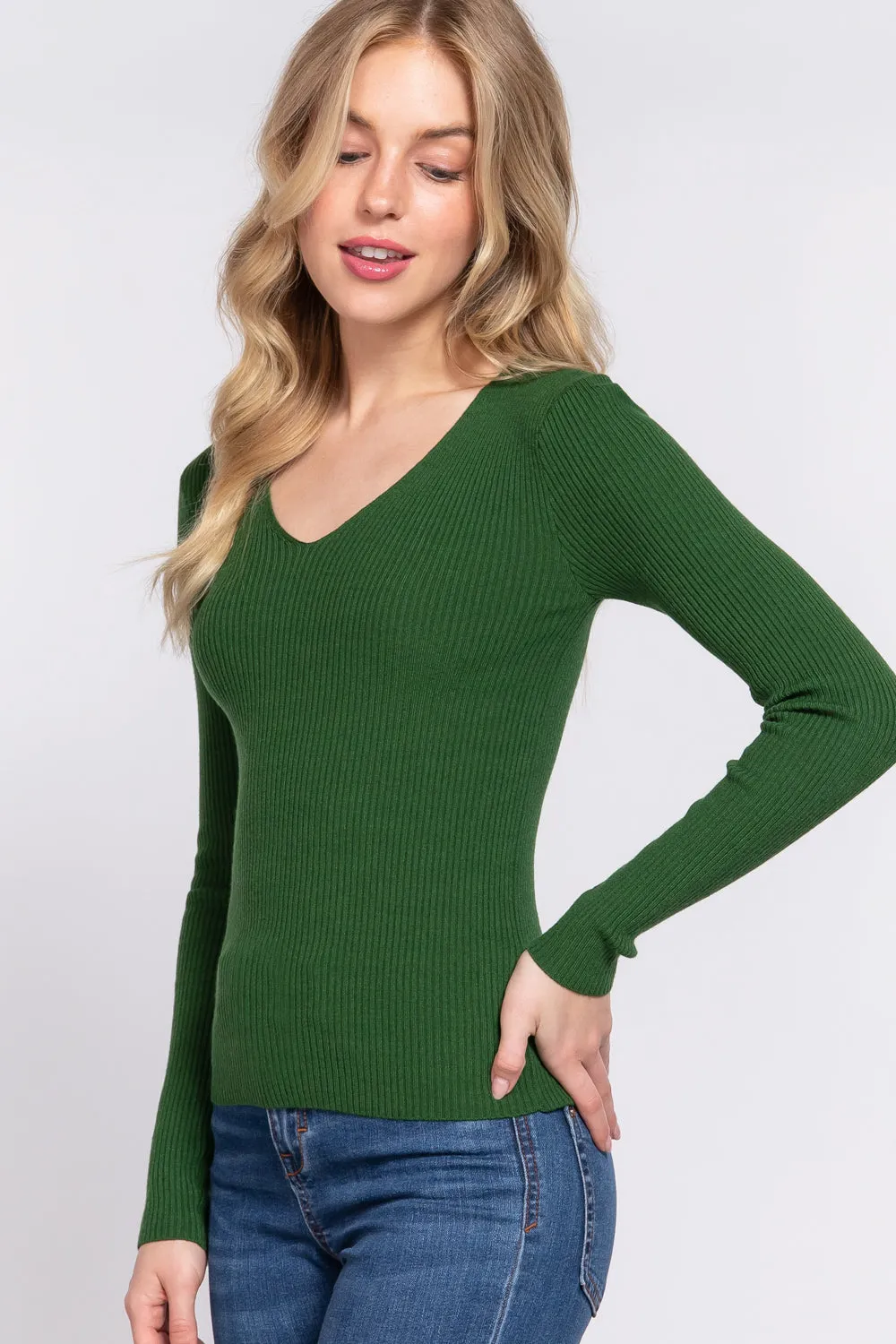 Women's Long Sleeve V-Neck Fitted Viscose Ribbed Sweater