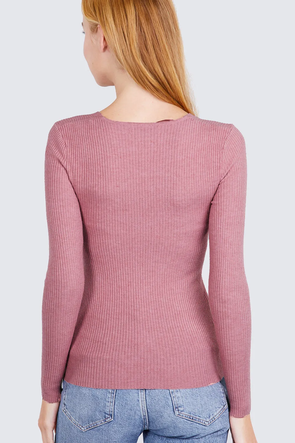Women's Long Sleeve V-Neck Fitted Viscose Ribbed Sweater