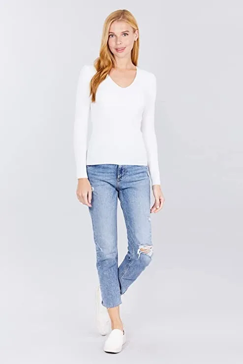 Women's Long Sleeve V-Neck Fitted Viscose Ribbed Sweater