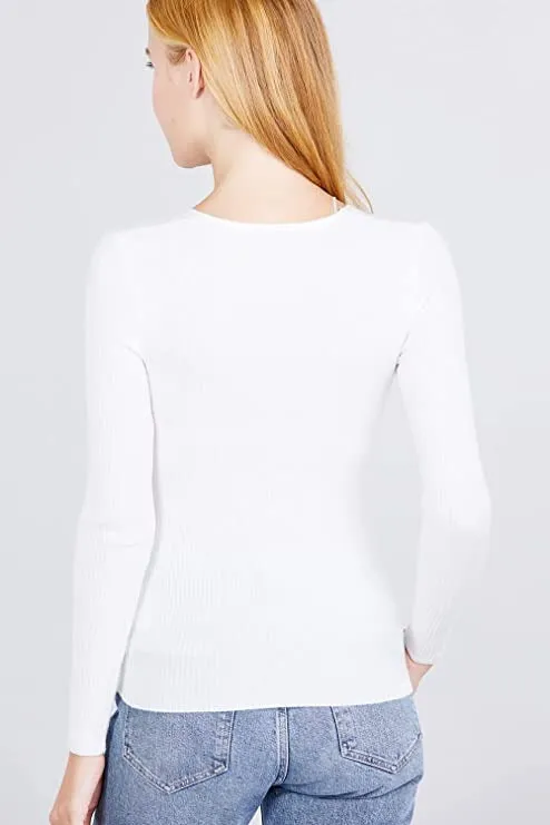 Women's Long Sleeve V-Neck Fitted Viscose Ribbed Sweater