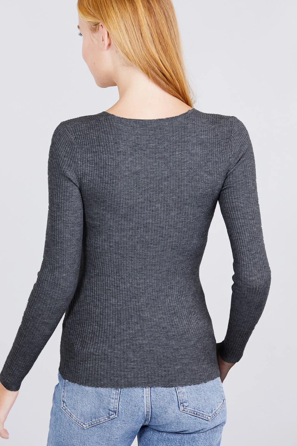 Women's Long Sleeve V-Neck Fitted Viscose Ribbed Sweater