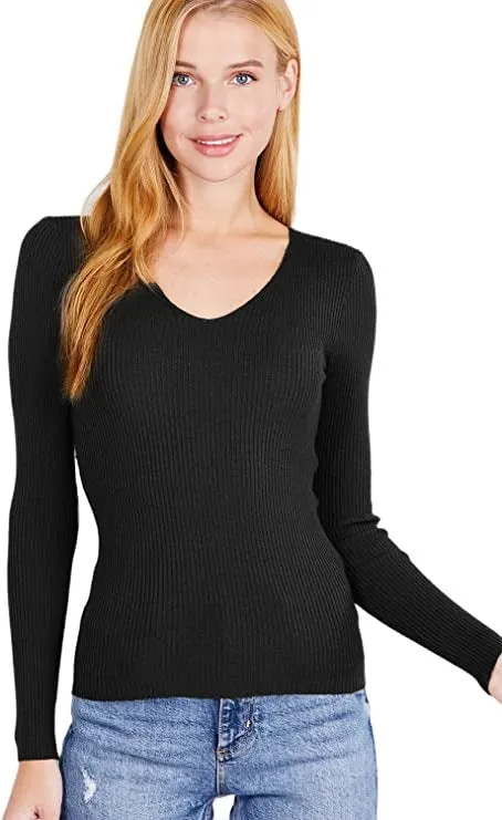 Women's Long Sleeve V-Neck Fitted Viscose Ribbed Sweater
