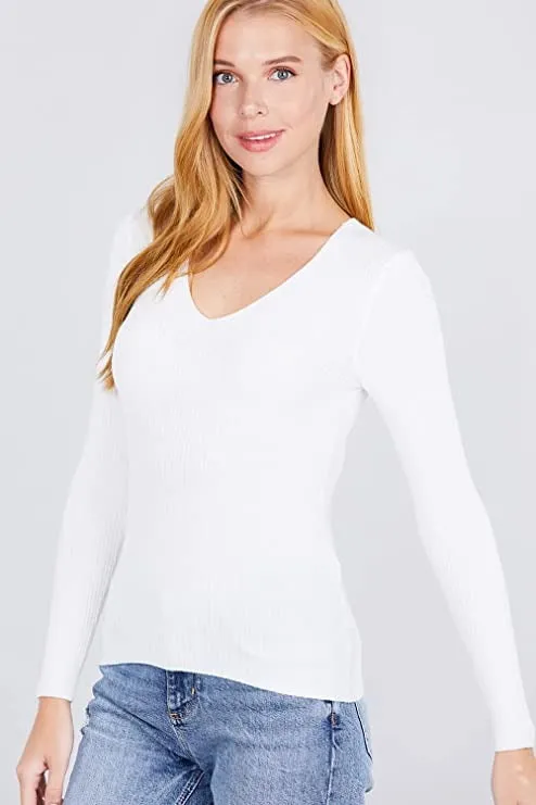 Women's Long Sleeve V-Neck Fitted Viscose Ribbed Sweater