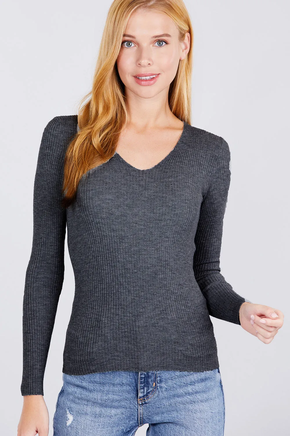 Women's Long Sleeve V-Neck Fitted Viscose Ribbed Sweater