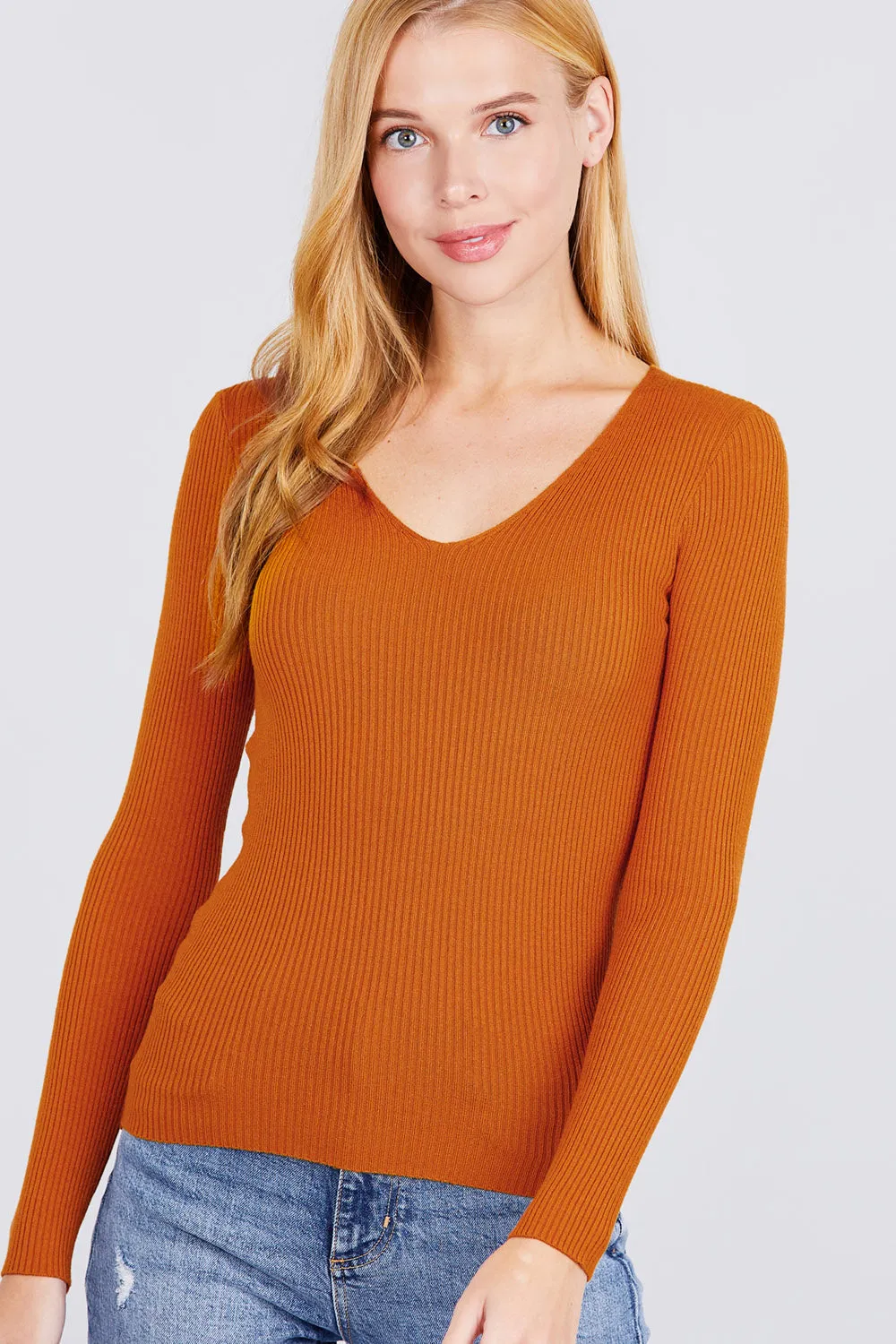 Women's Long Sleeve V-Neck Fitted Viscose Ribbed Sweater