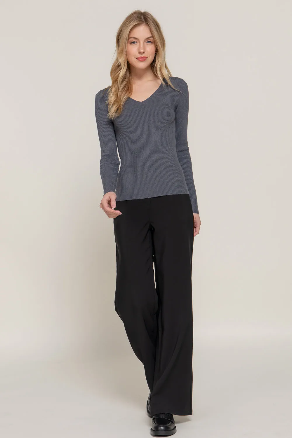 Women's Long Sleeve V-Neck Fitted Viscose Ribbed Sweater