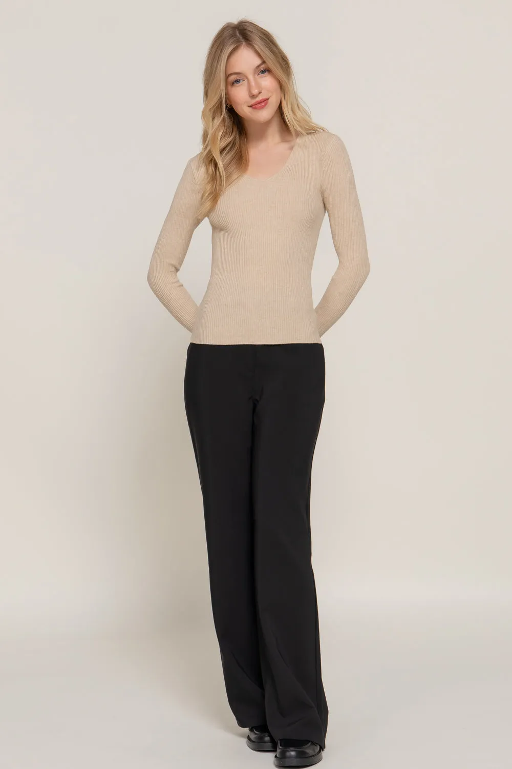 Women's Long Sleeve V-Neck Fitted Viscose Ribbed Sweater