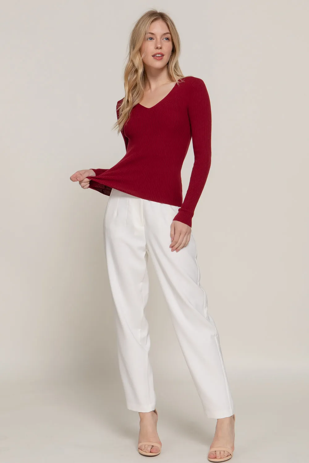 Women's Long Sleeve V-Neck Fitted Viscose Ribbed Sweater