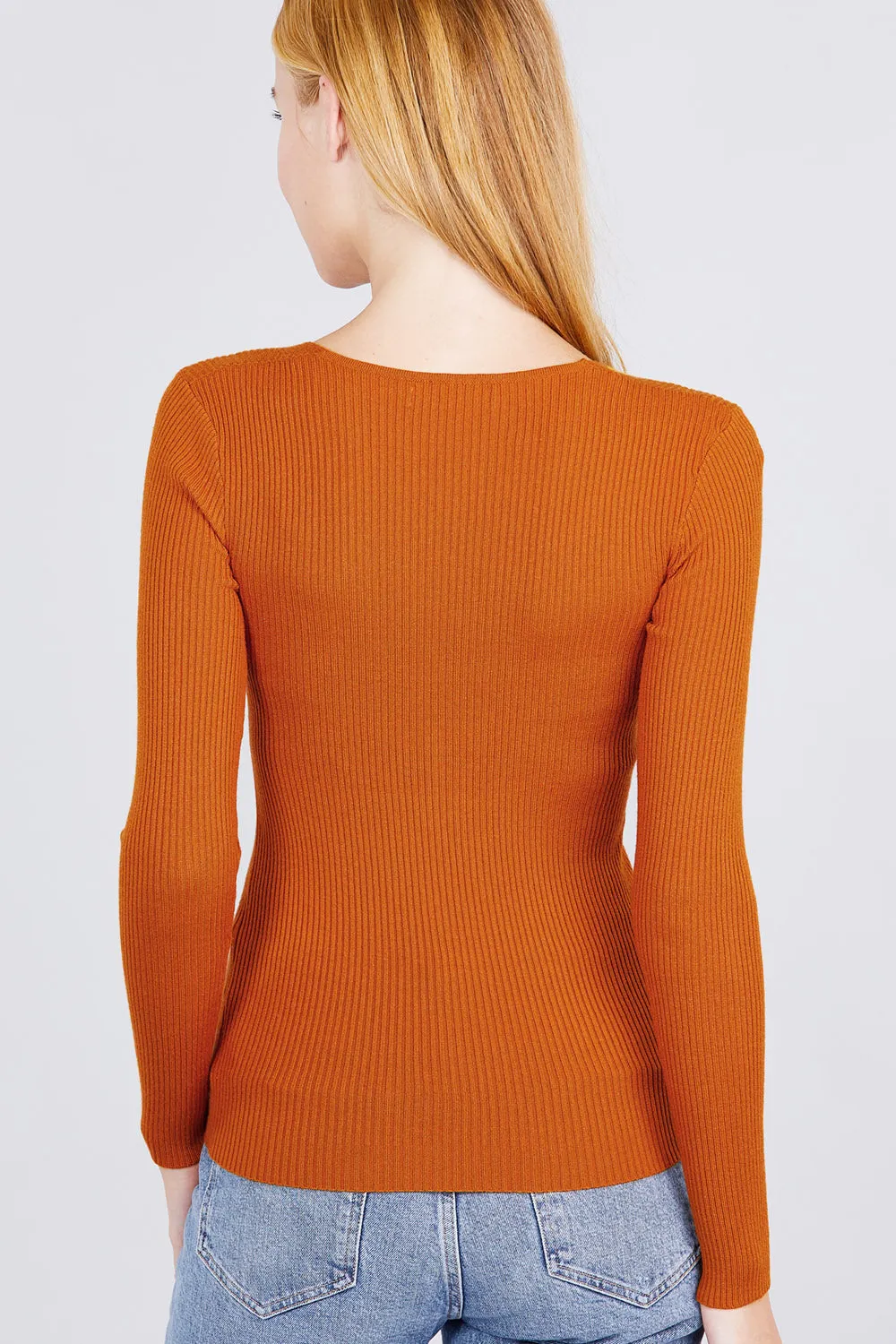 Women's Long Sleeve V-Neck Fitted Viscose Ribbed Sweater