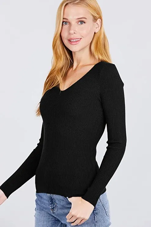 Women's Long Sleeve V-Neck Fitted Viscose Ribbed Sweater