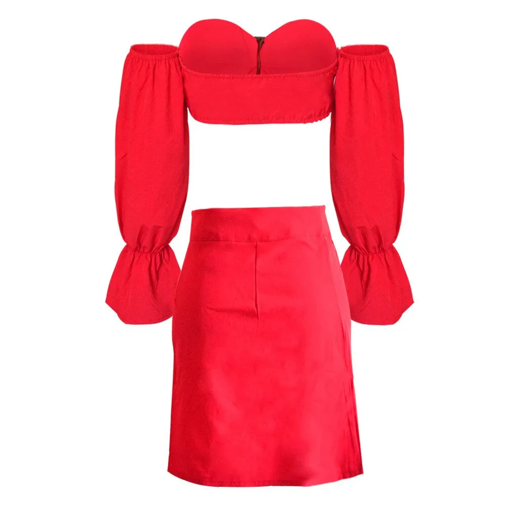 Women's Off Shoulder Long Sleeve Solid Skinny Two-Piece Dress