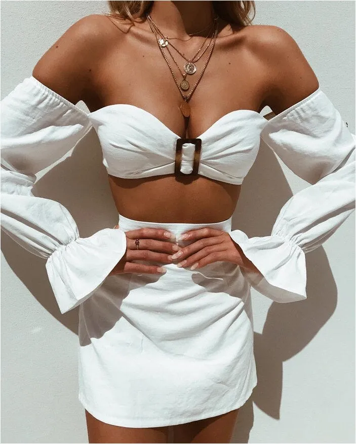 Women's Off Shoulder Long Sleeve Solid Skinny Two-Piece Dress