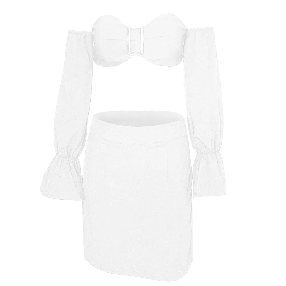 Women's Off Shoulder Long Sleeve Solid Skinny Two-Piece Dress