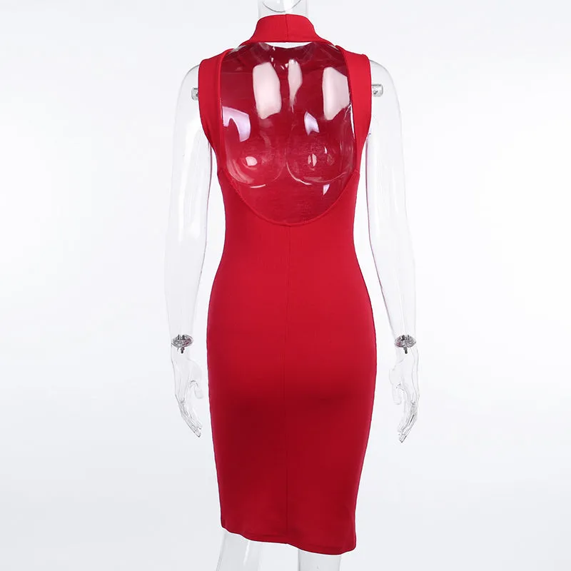 Women's Summer Backless High Neck Ribbed Skinny Dress