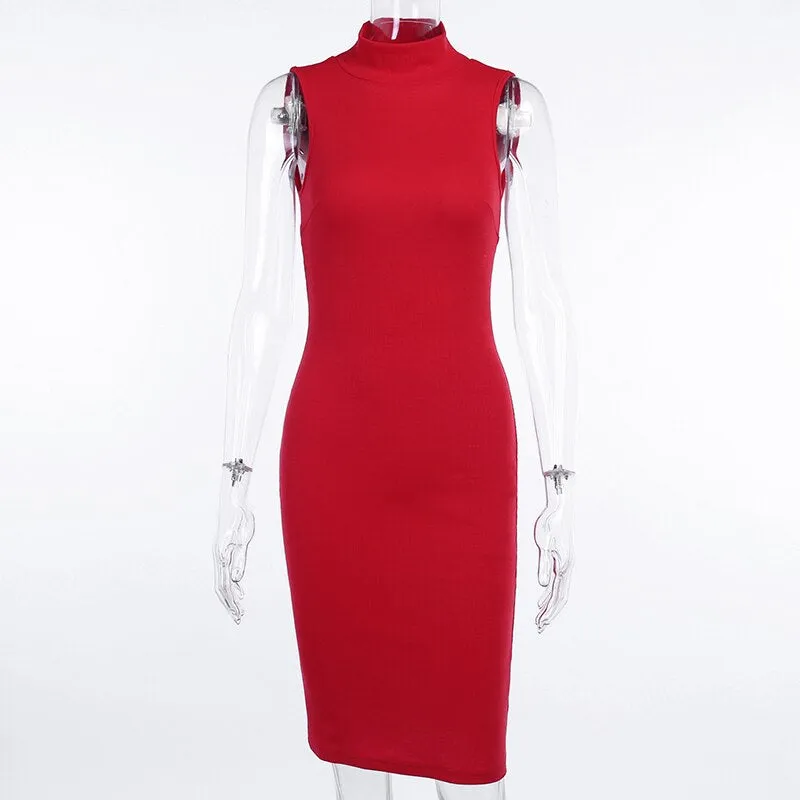 Women's Summer Backless High Neck Ribbed Skinny Dress
