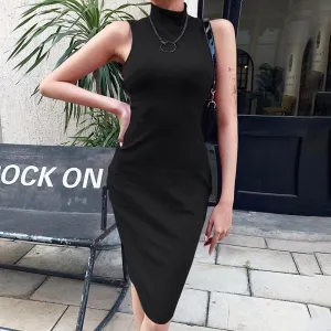 Women's Summer Backless High Neck Ribbed Skinny Dress