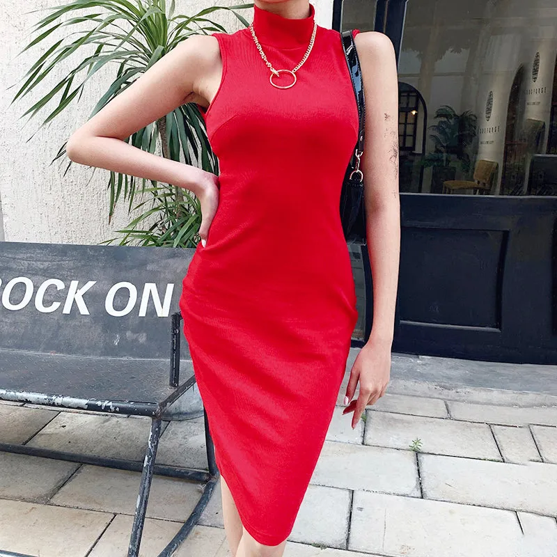 Women's Summer Backless High Neck Ribbed Skinny Dress