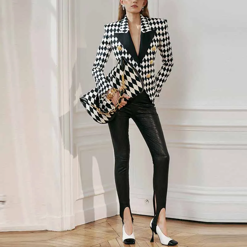 Womne's Black White Jacket Checkered Double Breasted Blazer