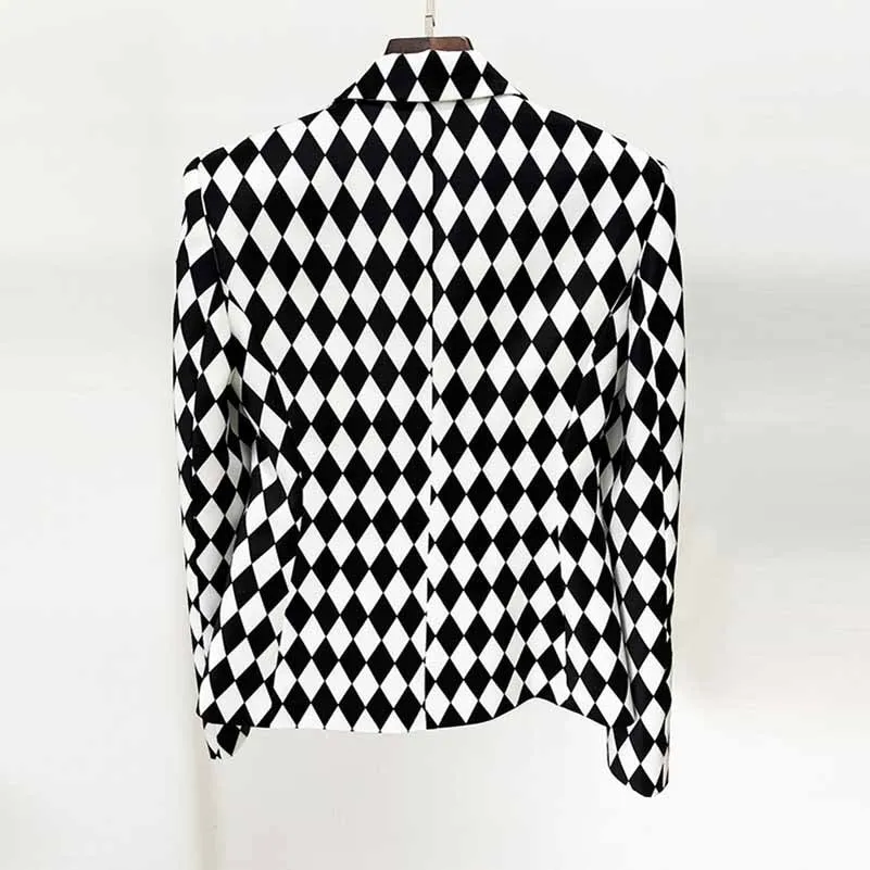 Womne's Black White Jacket Checkered Double Breasted Blazer