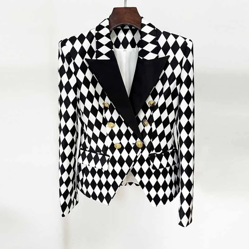 Womne's Black White Jacket Checkered Double Breasted Blazer
