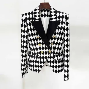 Womne's Black White Jacket Checkered Double Breasted Blazer