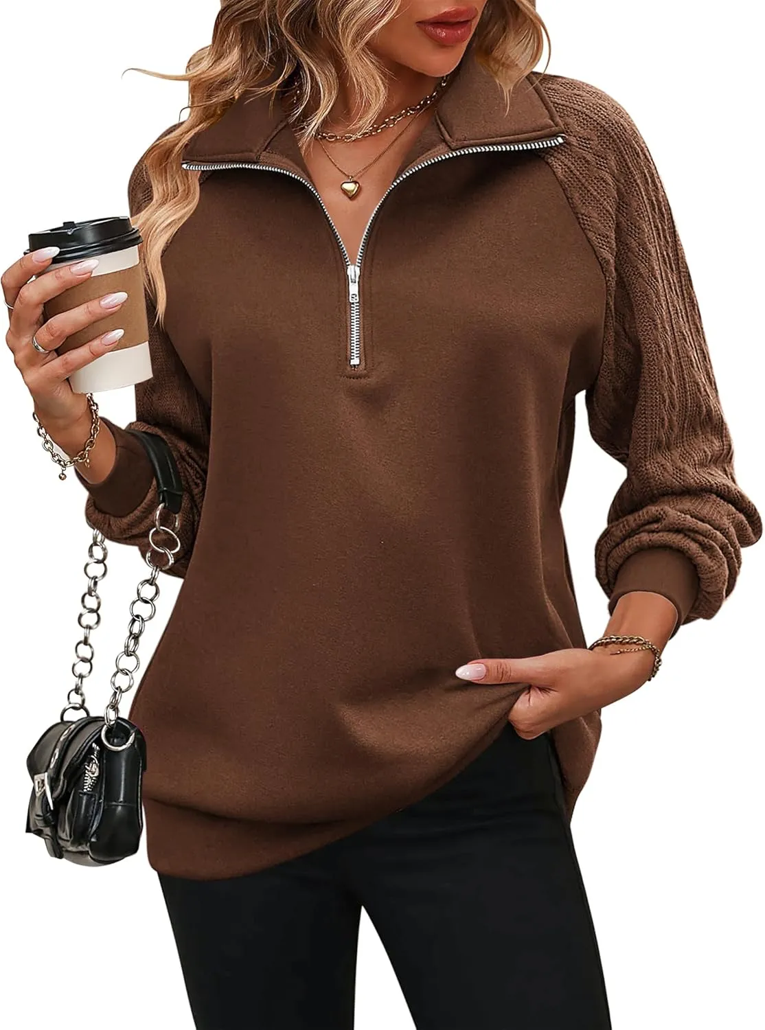 Zeagoo Women's Sweatshrits Quarter Zip Pullover Casual Cable Outfits