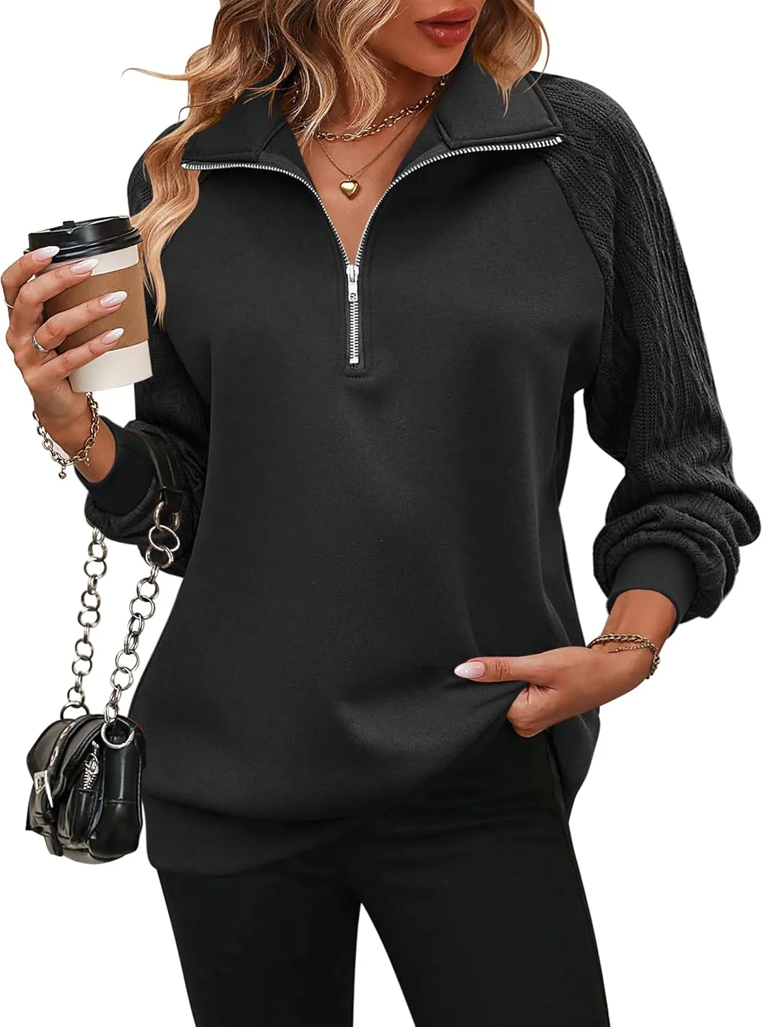 Zeagoo Women's Sweatshrits Quarter Zip Pullover Casual Cable Outfits