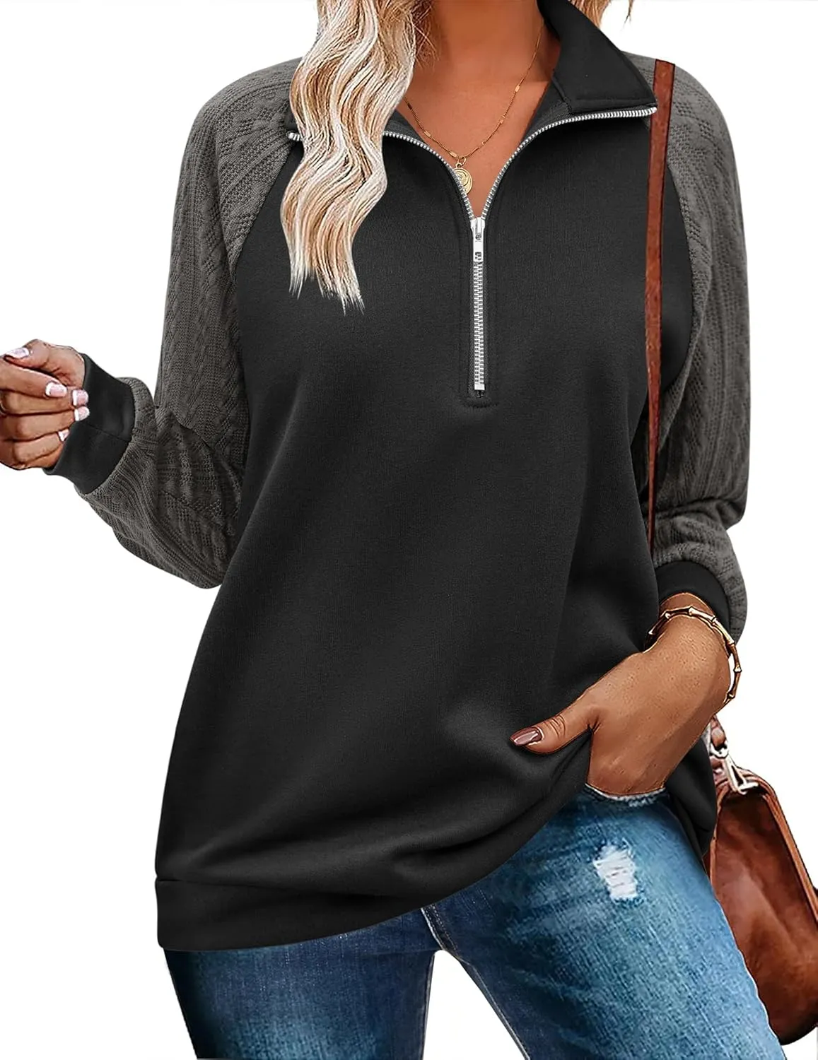 Zeagoo Women's Sweatshrits Quarter Zip Pullover Casual Cable Outfits