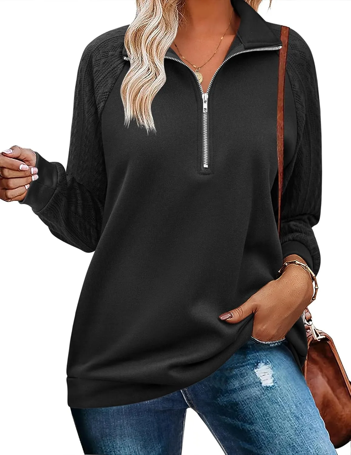 Zeagoo Women's Sweatshrits Quarter Zip Pullover Casual Cable Outfits