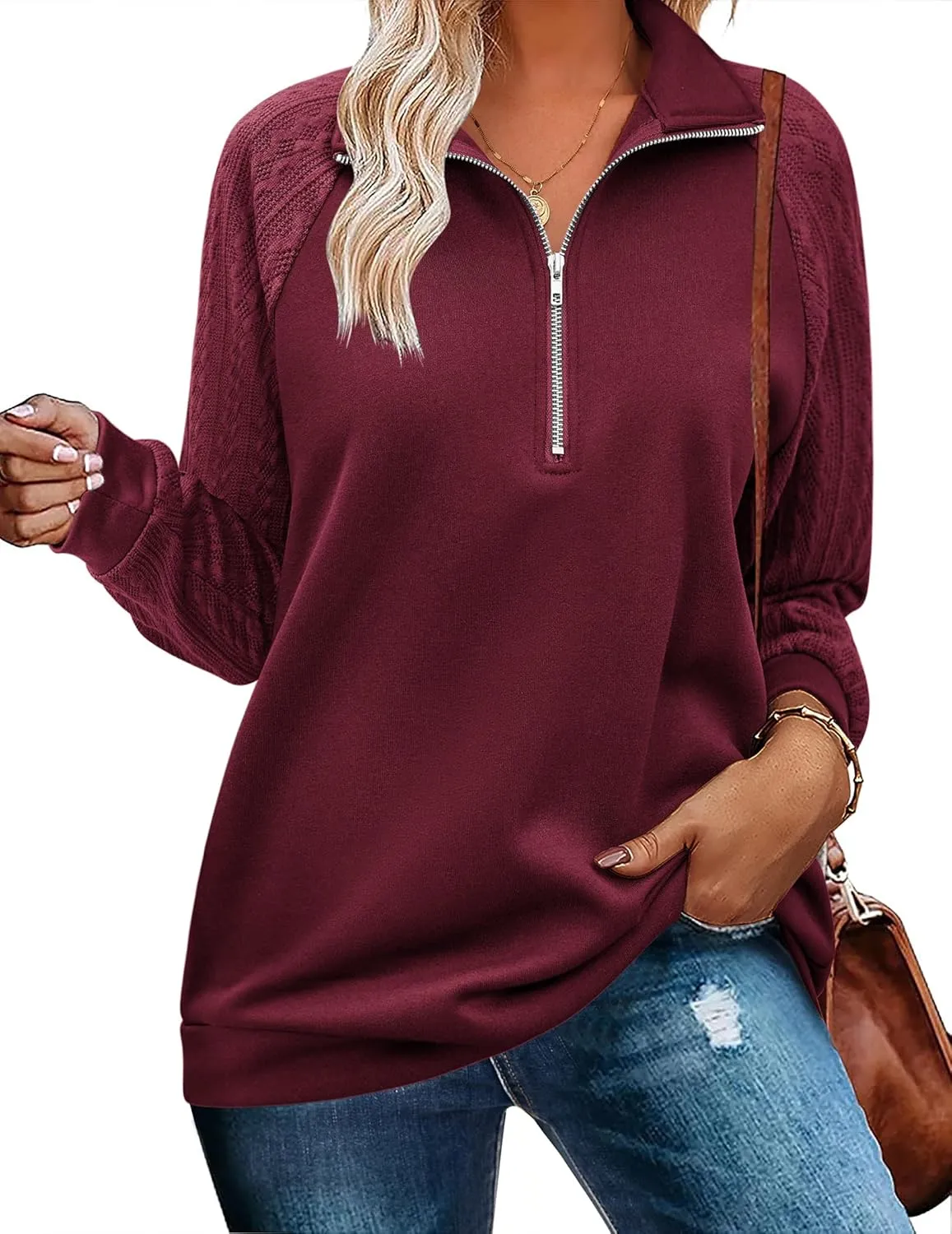 Zeagoo Women's Sweatshrits Quarter Zip Pullover Casual Cable Outfits