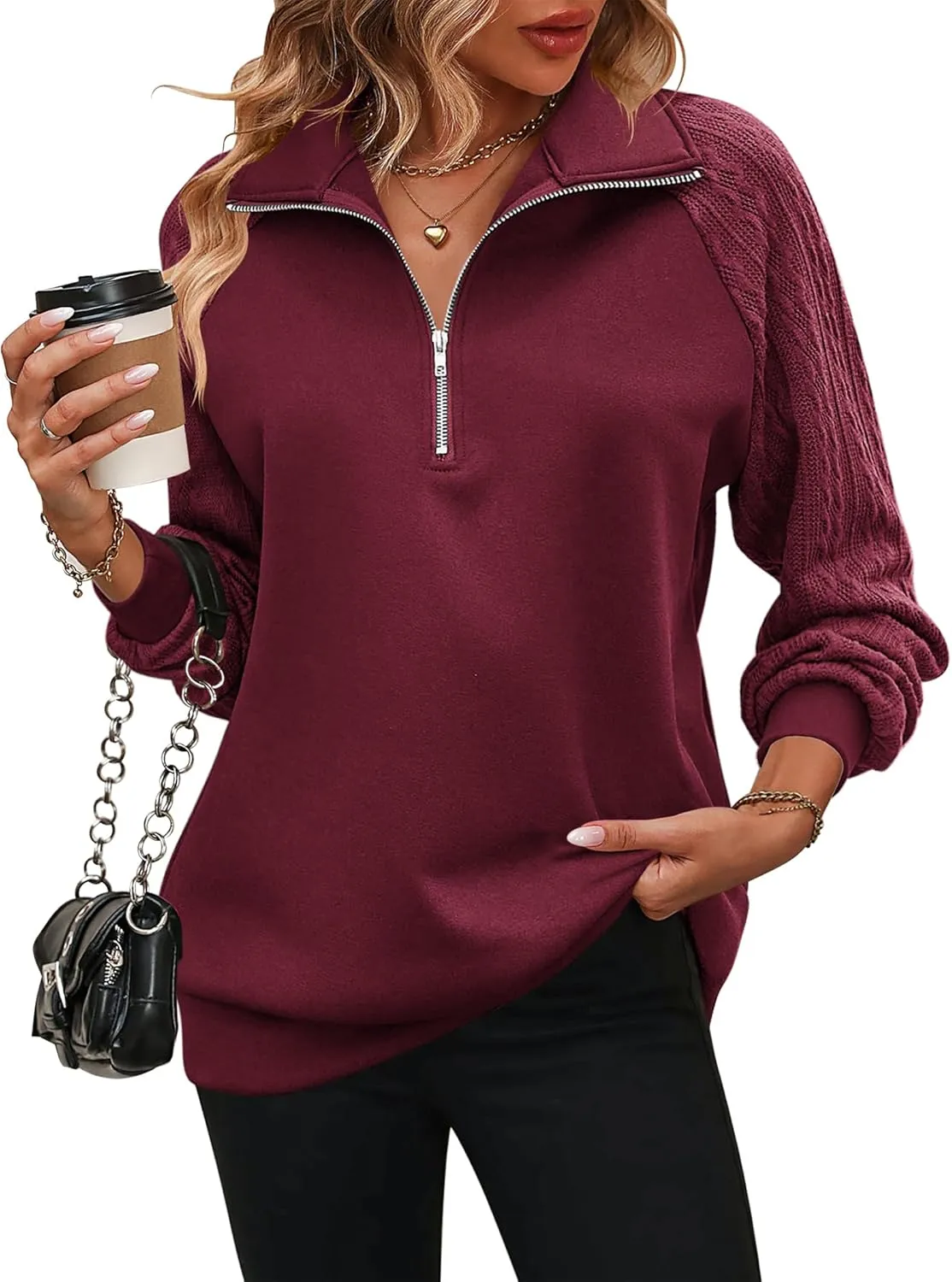 Zeagoo Women's Sweatshrits Quarter Zip Pullover Casual Cable Outfits